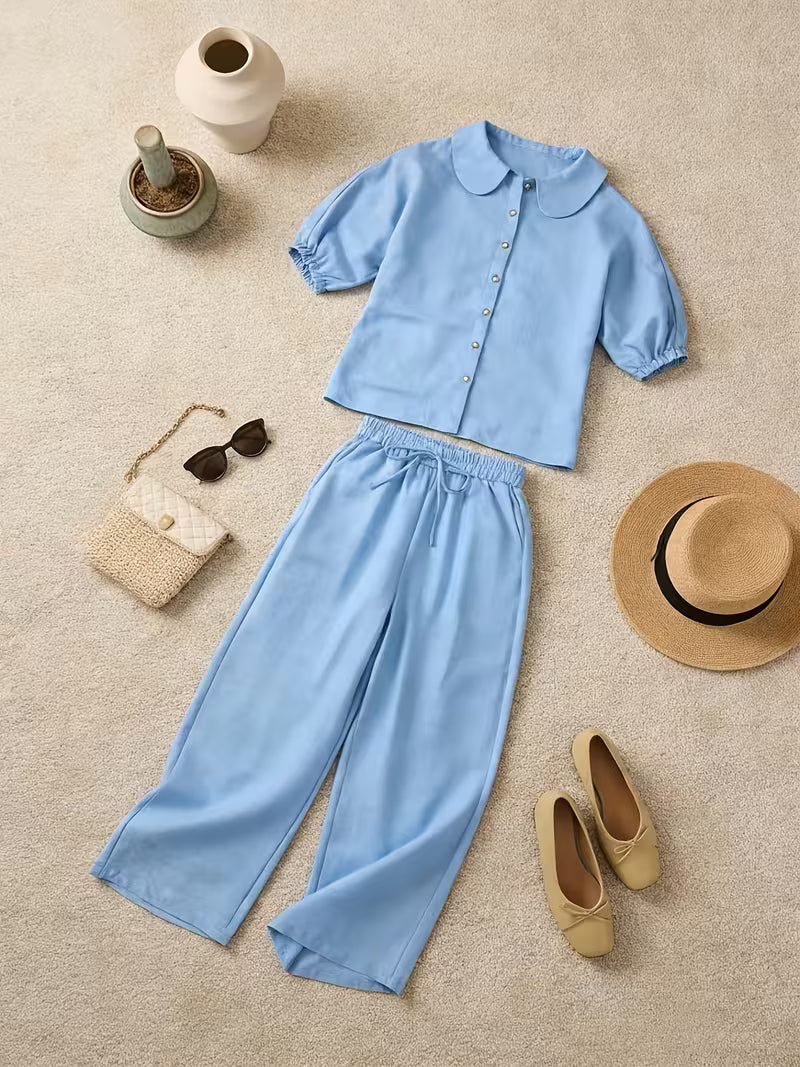 Women's Peter Pan Collar 2-Piece Co-Ord Set | Elegant Shirt & Wide-Leg Pants