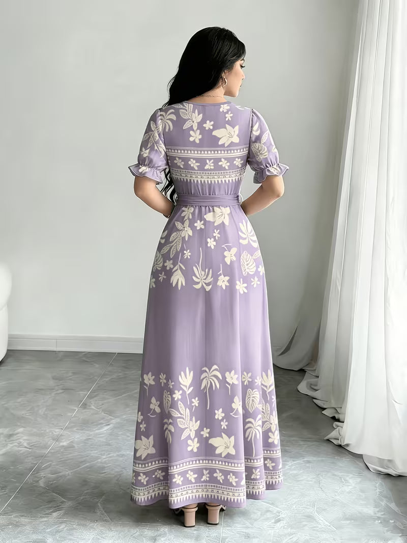 Women's Printed Belted Maxi Dress | Elegant Puff Sleeve Summer Dress