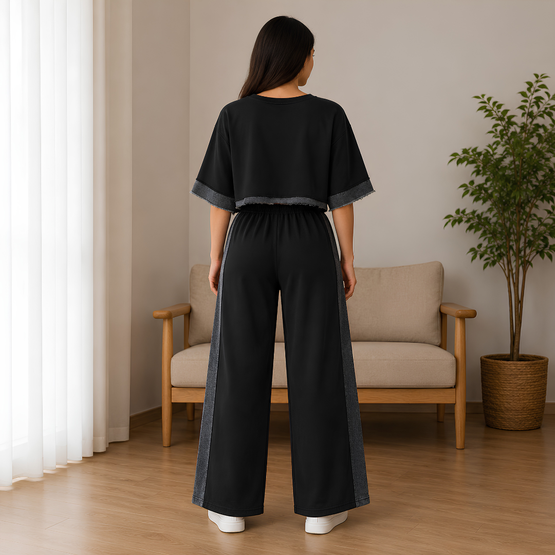 Women's Denim Patchwork 2-Piece Co-Ord Set | Premium Top & Straight-Leg Pants