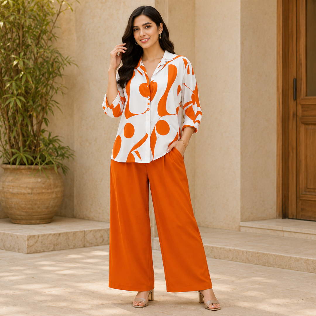 Elegant Abstract Print Shirt & Wide-Leg Pants Set