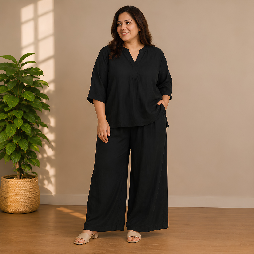 Elegant Black Kaftan Top & Wide-Leg Pants Set