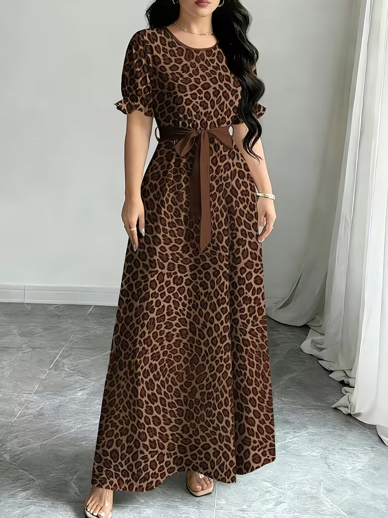Women's Printed Belted Maxi Dress | Elegant Puff Sleeve Summer Dress