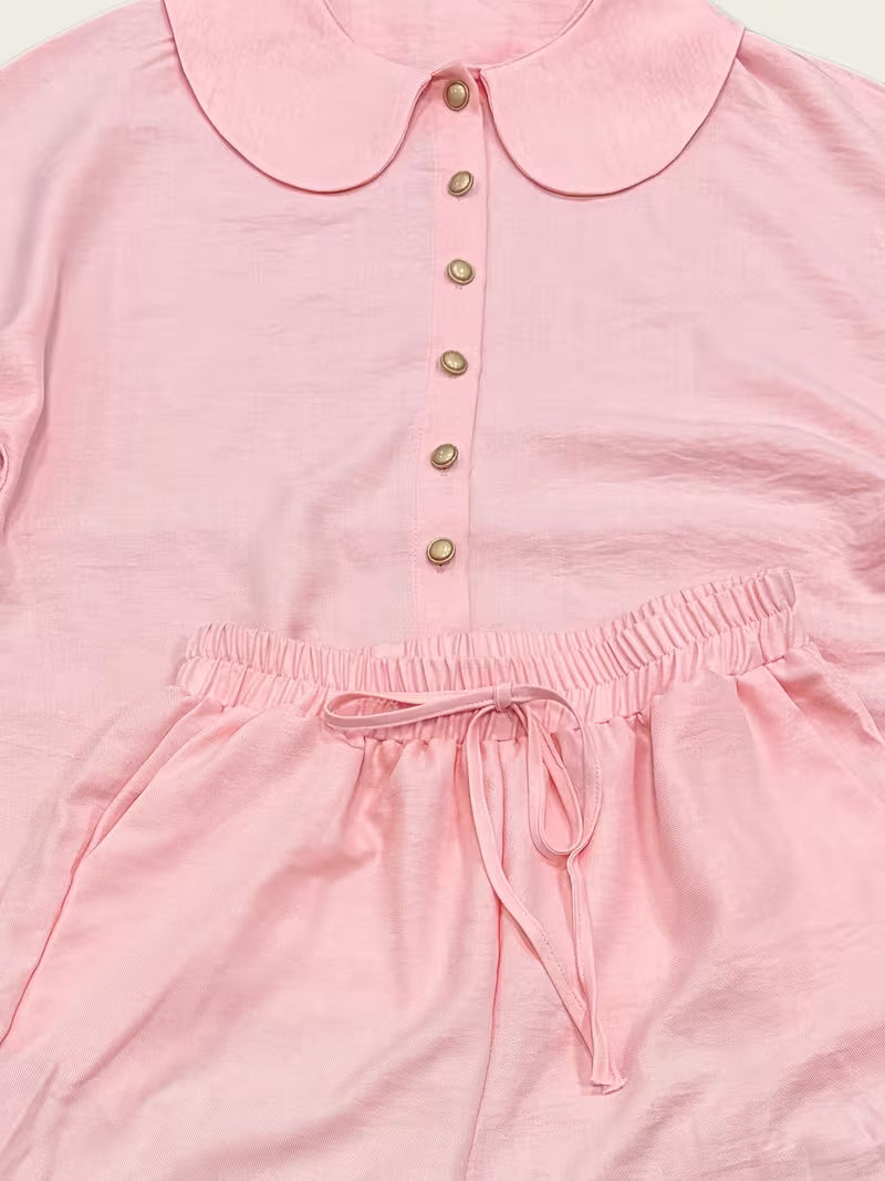 Women's Peter Pan Collar 2-Piece Co-Ord Set | Elegant Shirt & Wide-Leg Pants