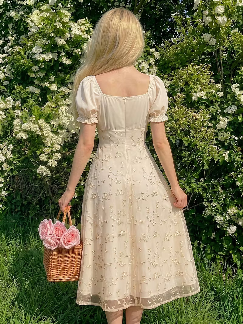 Women's Vintage Floral Puff Sleeve Midi Dress