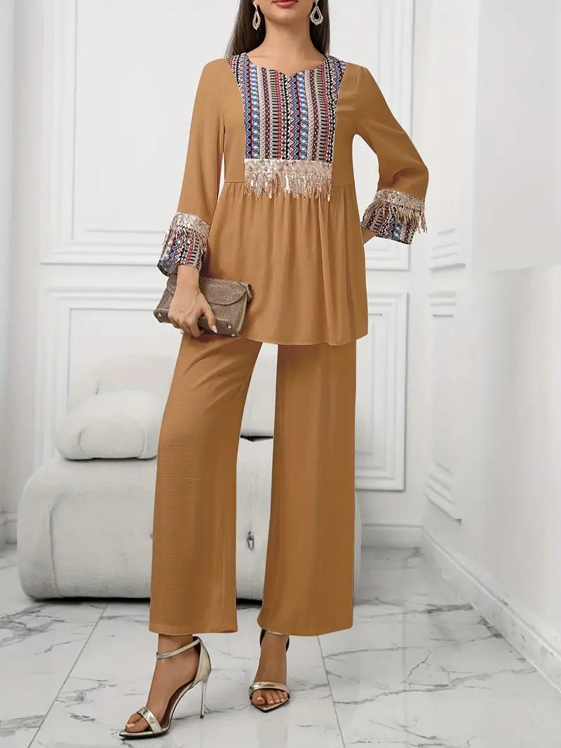 Elegant Summer Patchwork Co-ord Set for Women ā Beaded Fringe Top with Wide-Leg Pants (2pcs)