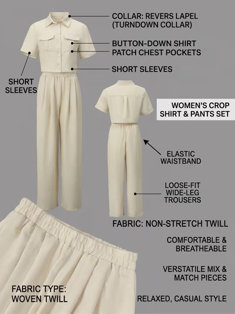 Women's Solid Lapel 2-Piece Co-Ord Set | Elegant Shirt & Wide-Leg Pants Outfit
