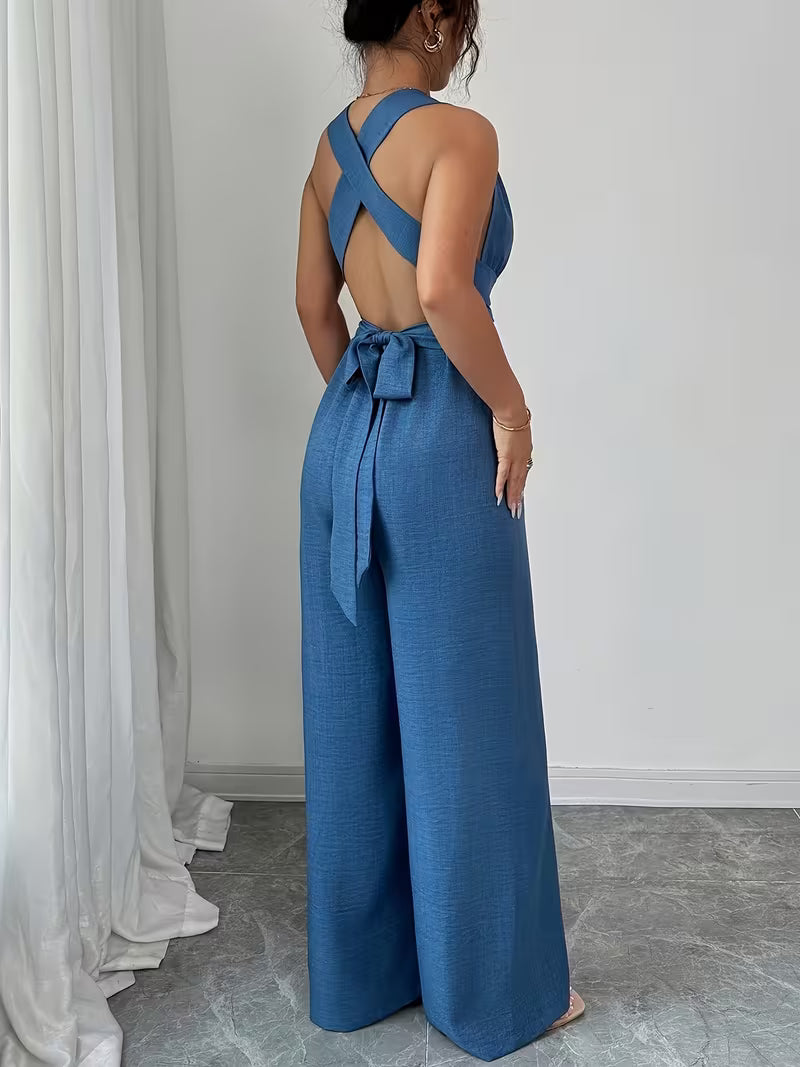 Elegant Cross-Back Wide Leg Jumpsuit for Women – Sleeveless Backless Casual Party Romper