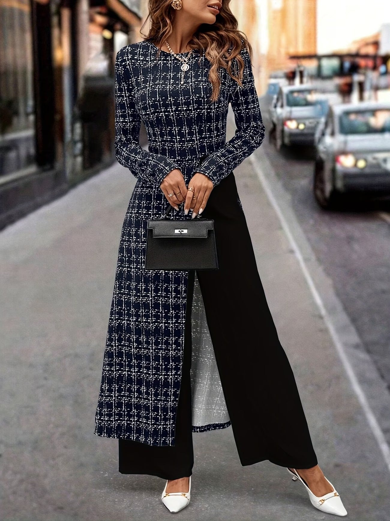 Chic Plaid Commuter Jumpsuit – Asymmetrical Design with Relaxed Straight-Leg Fit
