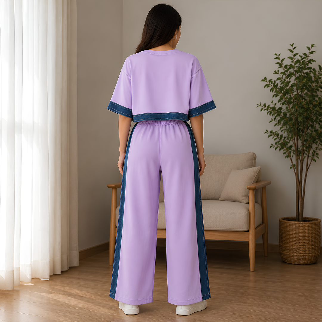 Women's Denim Patchwork 2-Piece Co-Ord Set | Premium Top & Straight-Leg Pants