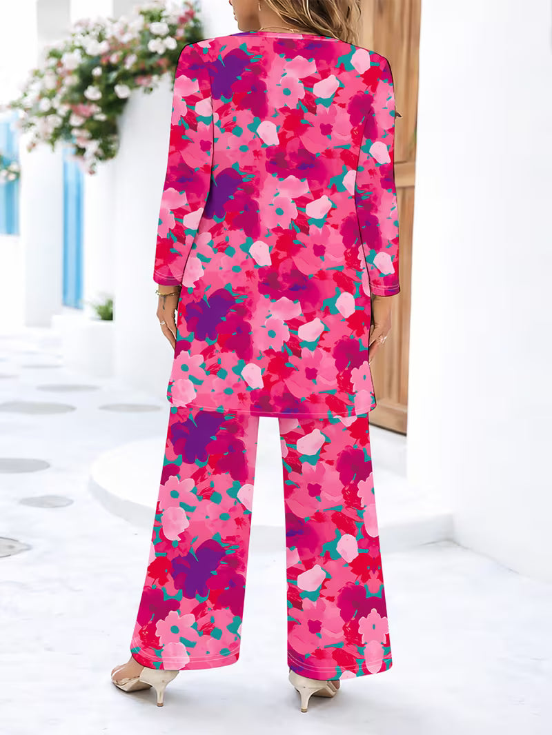 Women’s Long-Sleeve Floral Suit – Light Red Flowers on Gray, Casual & Vacation Wear