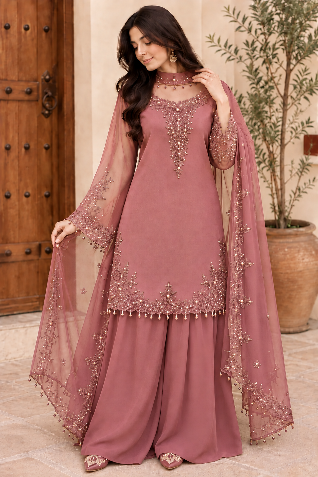 Women’s Embroidered Kurta Palazzo & Dupatta Set