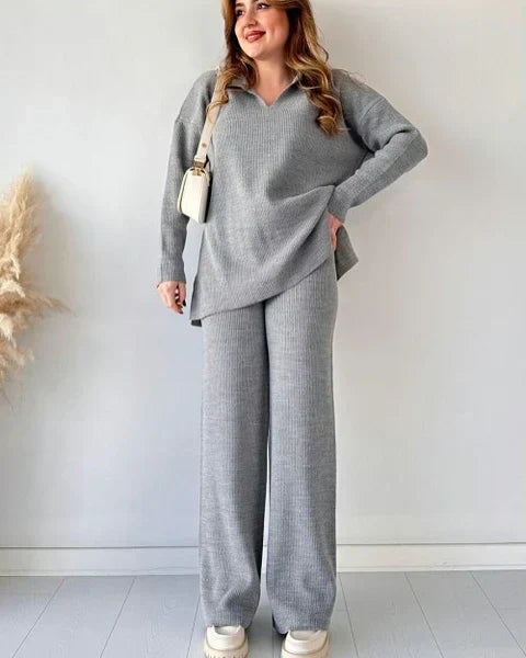 V-Neck Casual Slit Knitted Two-Piece Set