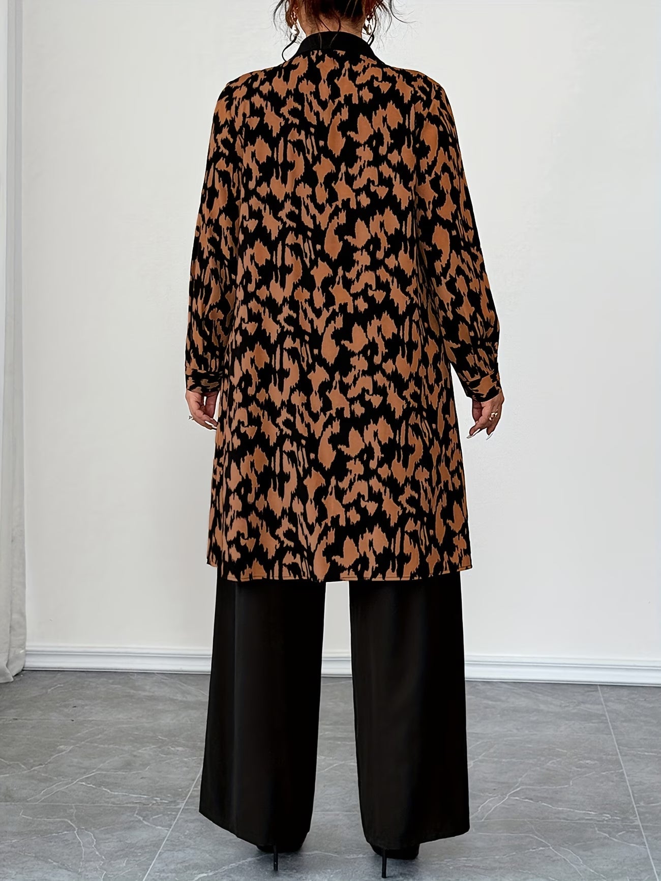 Women's Elegant Patchwork Cardigan, Mid-Length Shirt & Straight-Leg Trousers Set