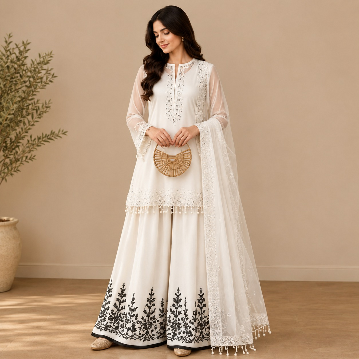Women’s Embroidered Kurta Palazzo & Dupatta Set