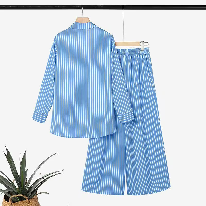 Women's Striped 2-Piece Co-Ord Set | Long Sleeve Shirt & Straight Pants