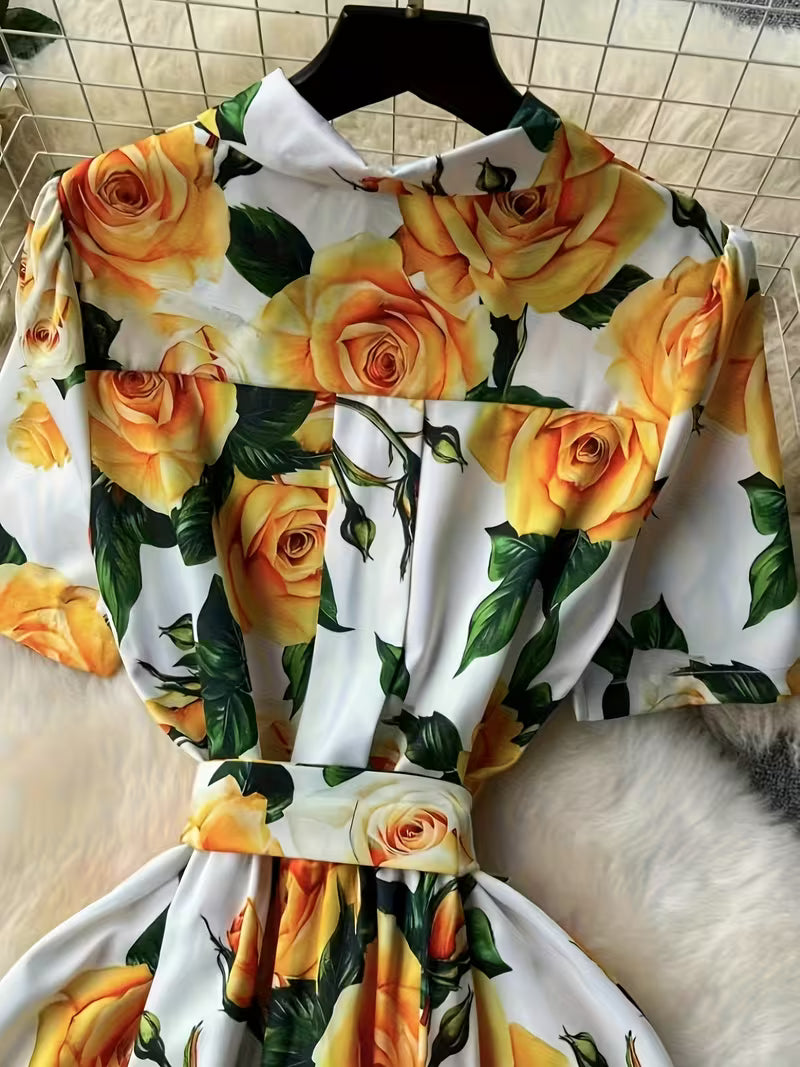 Women's Premium Floral Belted Midi Dress