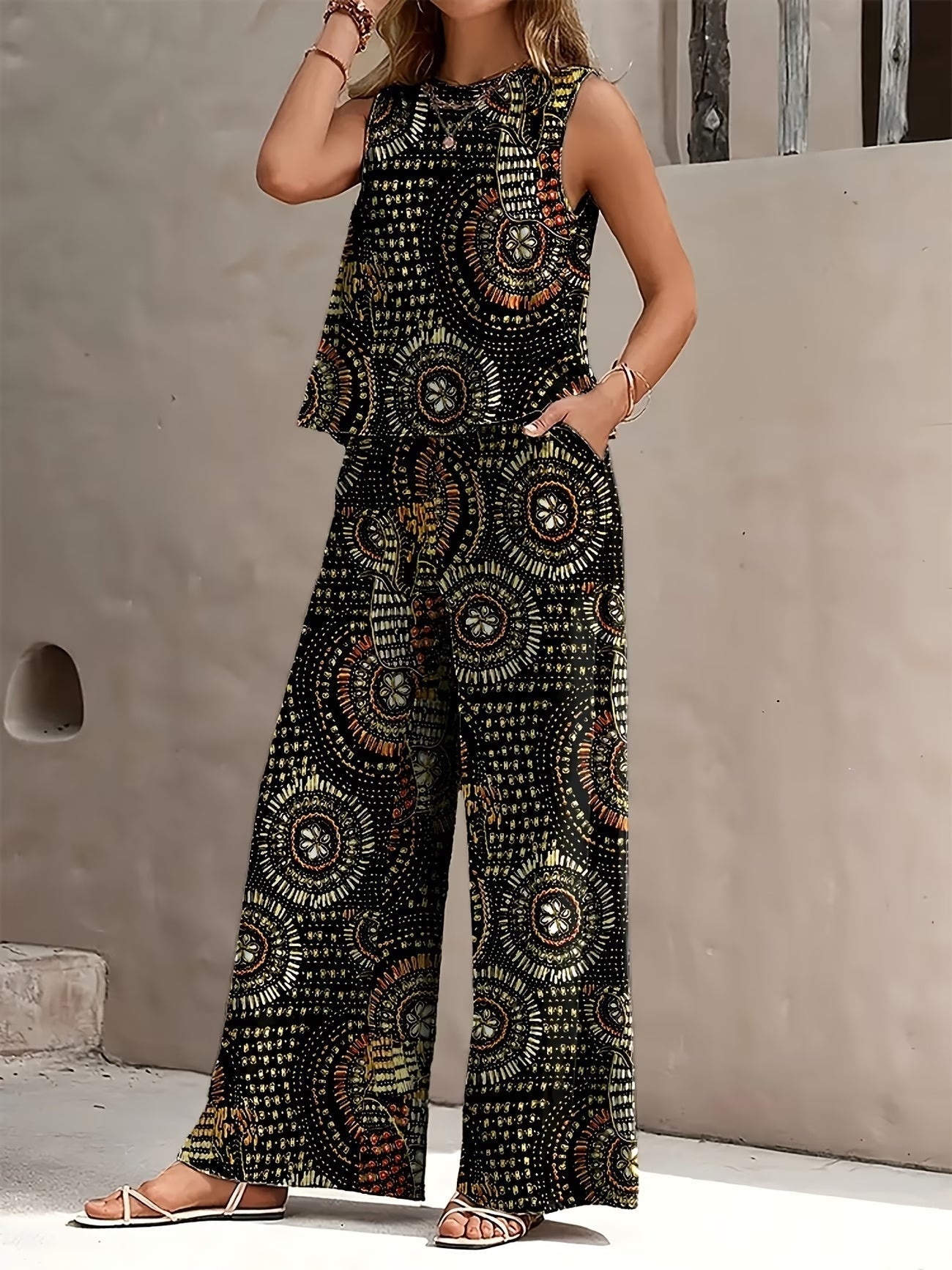 Chic Polka Dot Two-Piece Set – Stylish Top & Printed Pants Outfit for Women