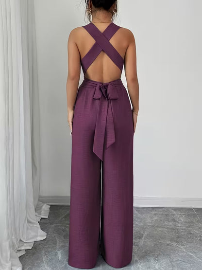 Elegant Cross-Back Wide Leg Jumpsuit for Women – Sleeveless Backless Casual Party Romper