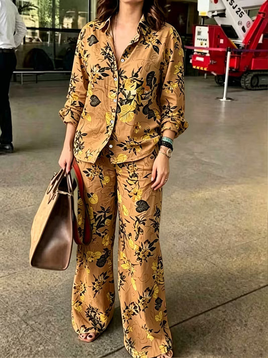 Women's Vintage Floral 2-Piece Co-Ord Set | Botanical Shirt & Straight-Leg Pants