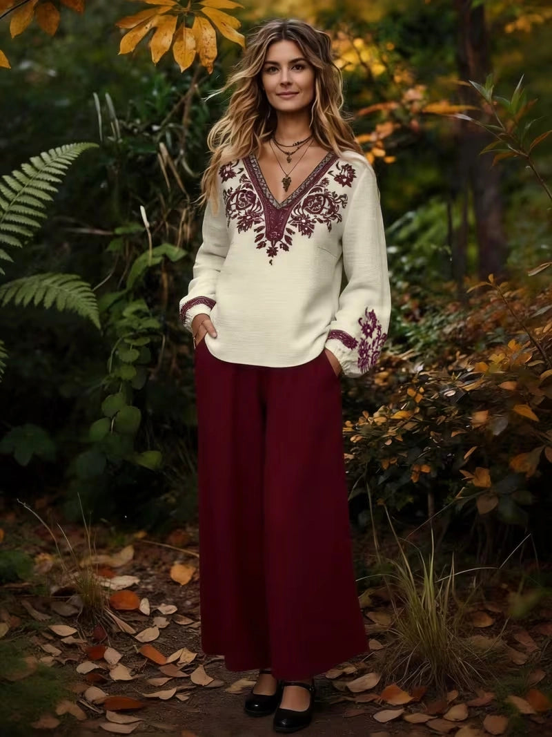 Women's Vintage Floral V-Neck Co-Ord Set with Relaxed Wide-Leg Pants