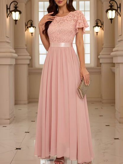 Women's Lace Round Neck Maxi Dress | Formal Party Wear