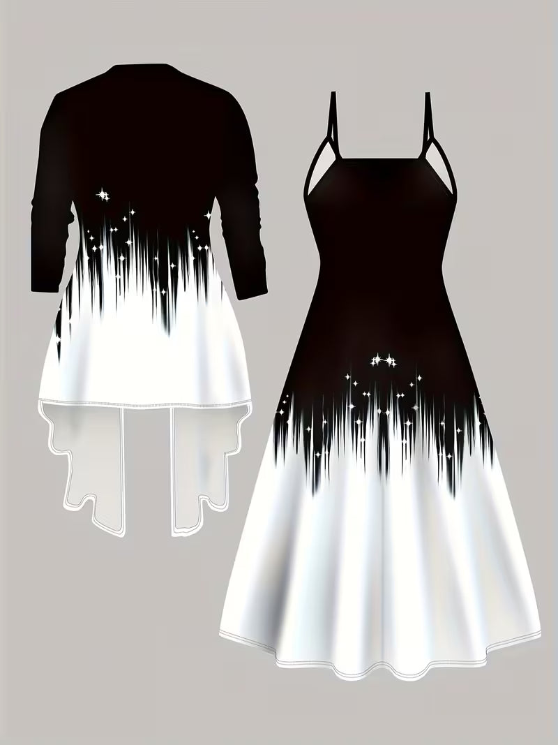 Women's 3D Geometric Print Coat & Dress Set | Elegant Black & White Gradient Outfit