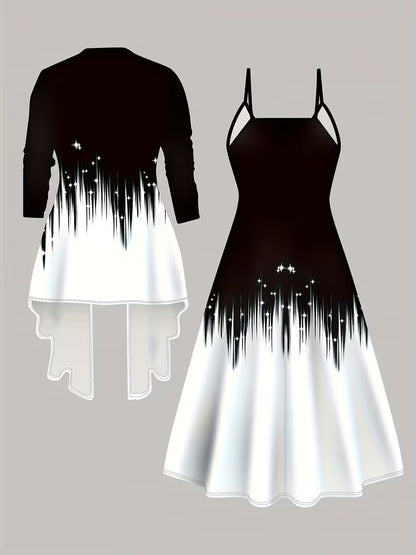 Women's 3D Geometric Print Coat & Dress Set | Elegant Black & White Gradient Outfit