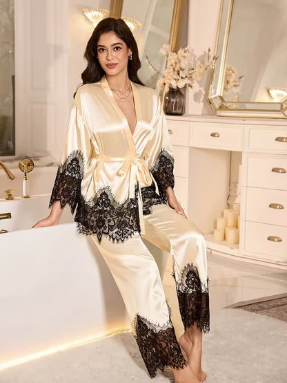 Elegant Lace Trim Robe & Pajama Set