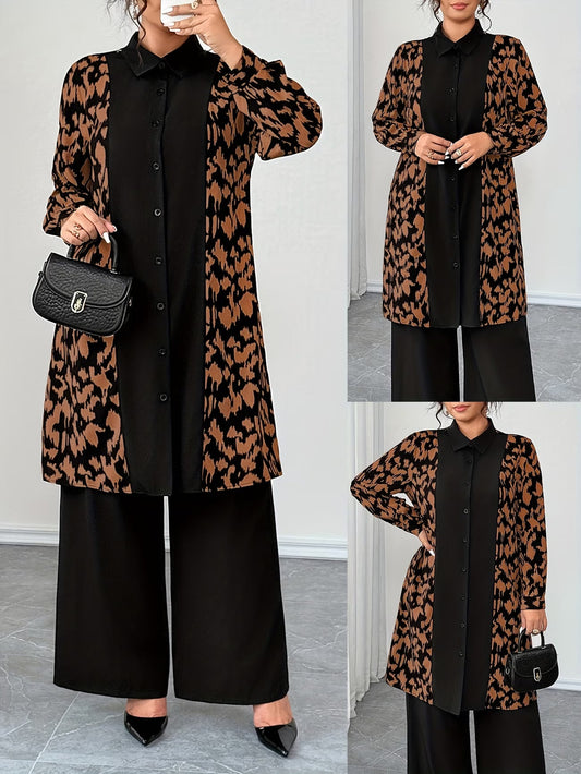 Women's Elegant Patchwork Cardigan, Mid-Length Shirt & Straight-Leg Trousers Set