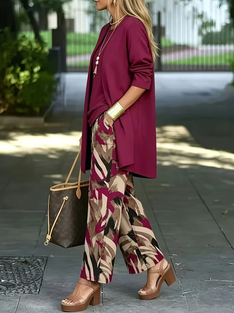 Women's 3-Piece Printed Co-Ord Set | Cardigan, Tank Top & Wide-Leg Pants