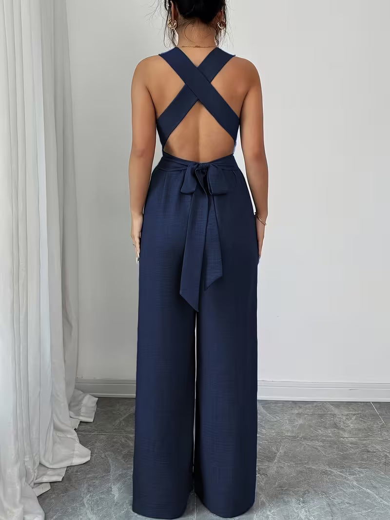 Elegant Cross-Back Wide Leg Jumpsuit for Women – Sleeveless Backless Casual Party Romper