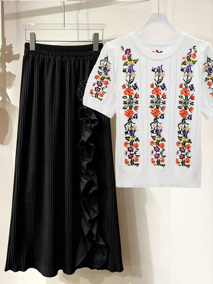 Rose Embroidery Top & Midi Skirt Set