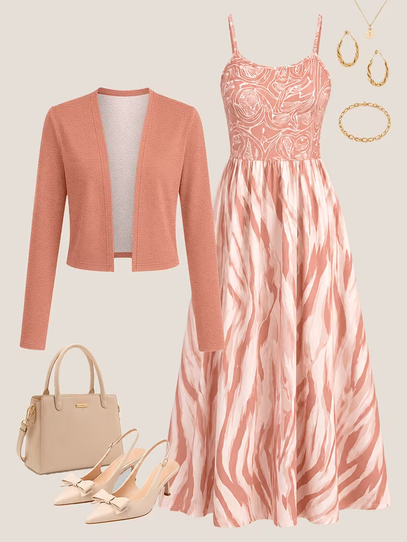 Women's Abstract Print 2-Piece Maxi Dress Set | Elegant Jacket Co-Ord