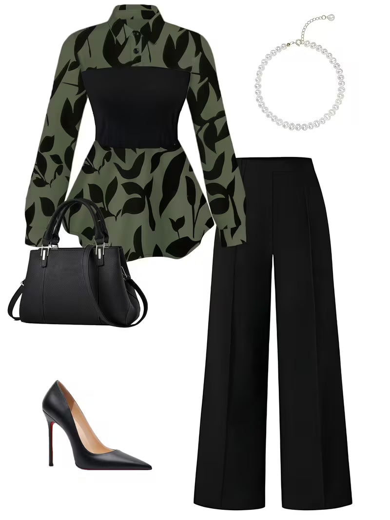 Women's Elegant Long Sleeve Top & Pants Set