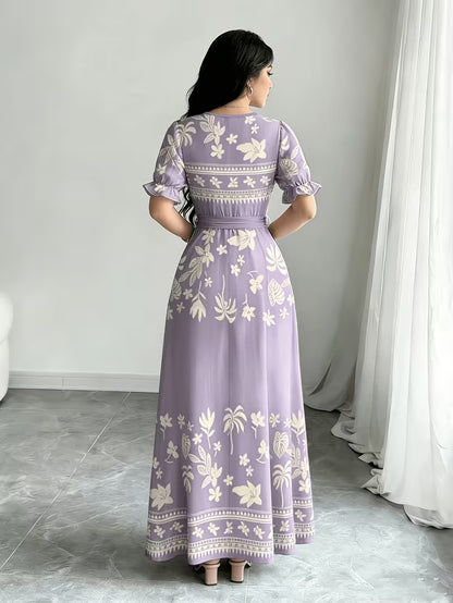 Women's Printed Belted Maxi Dress | Elegant Puff Sleeve Summer Dress