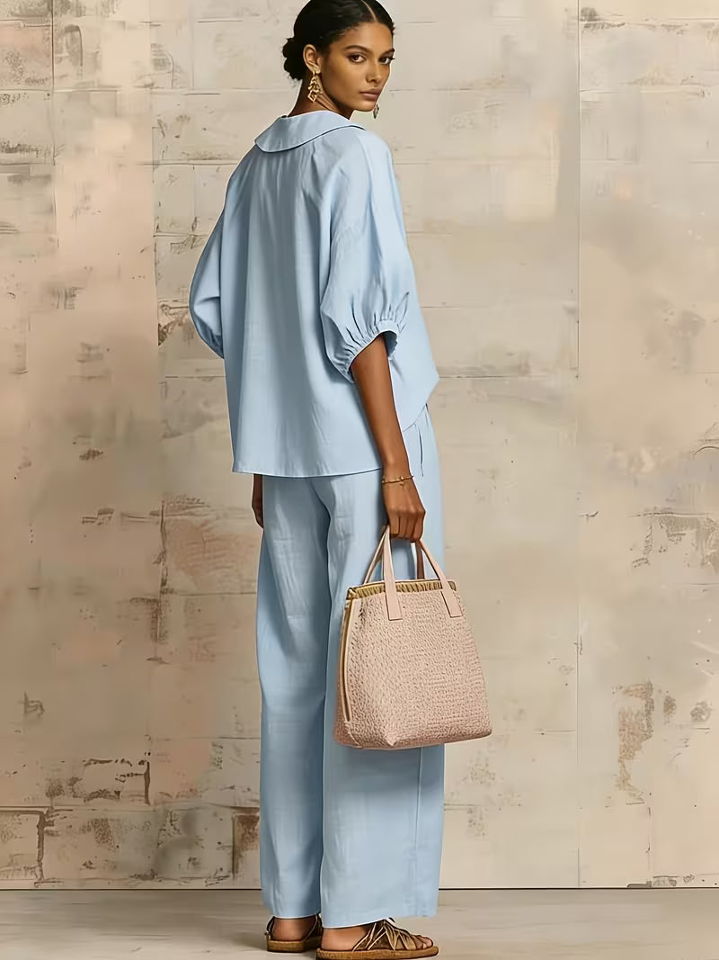 Women's Peter Pan Collar 2-Piece Co-Ord Set | Elegant Shirt & Wide-Leg Pants