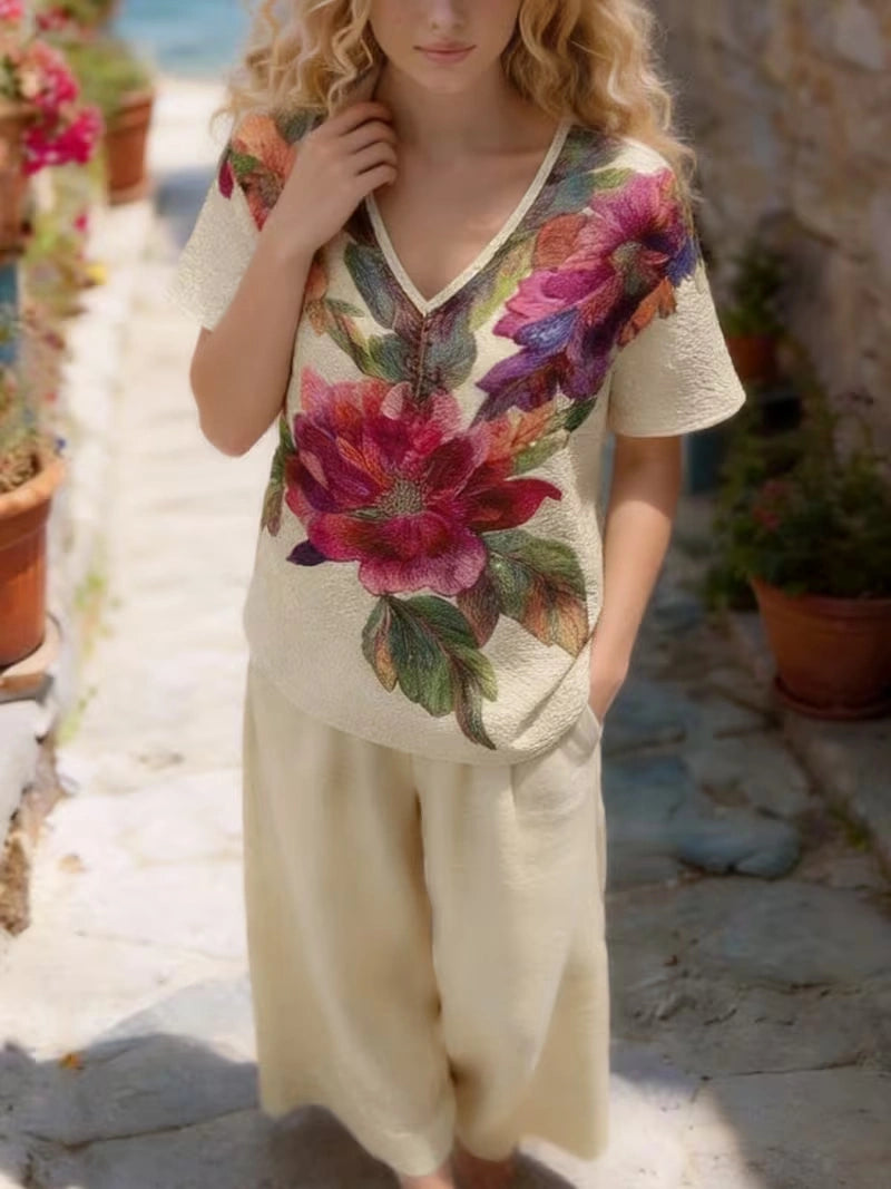 Women's Vintage Floral V-Neck Co-Ord Set with Relaxed Wide-Leg Pants