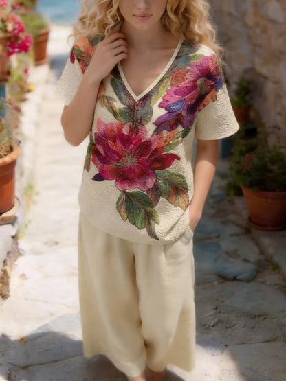 Women's Vintage Floral V-Neck Co-Ord Set with Relaxed Wide-Leg Pants