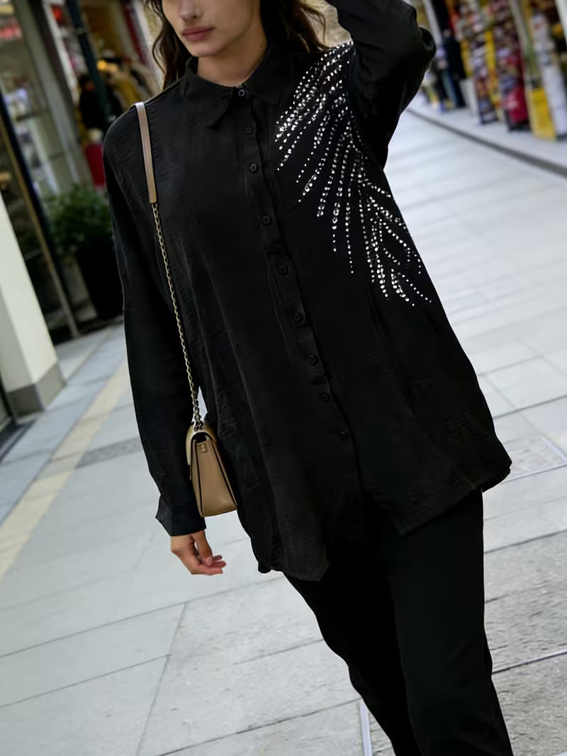Women's Rhinestone Detail Shirt & Pants Set