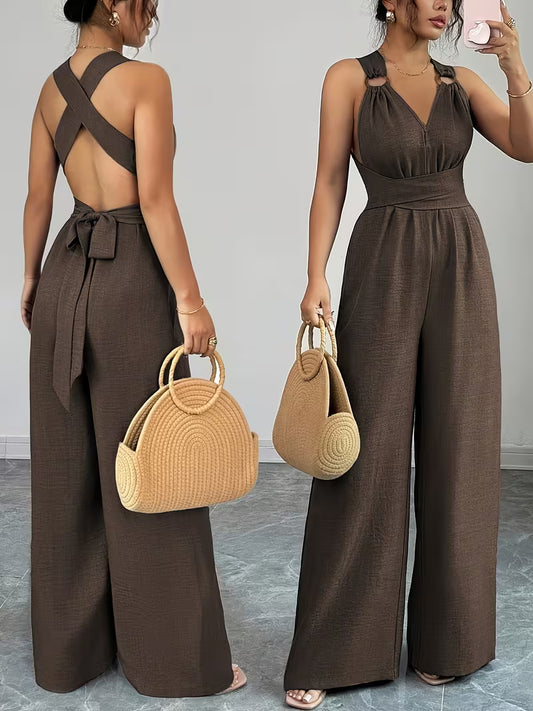 Elegant Cross-Back Wide Leg Jumpsuit for Women – Sleeveless Backless Casual Party Romper