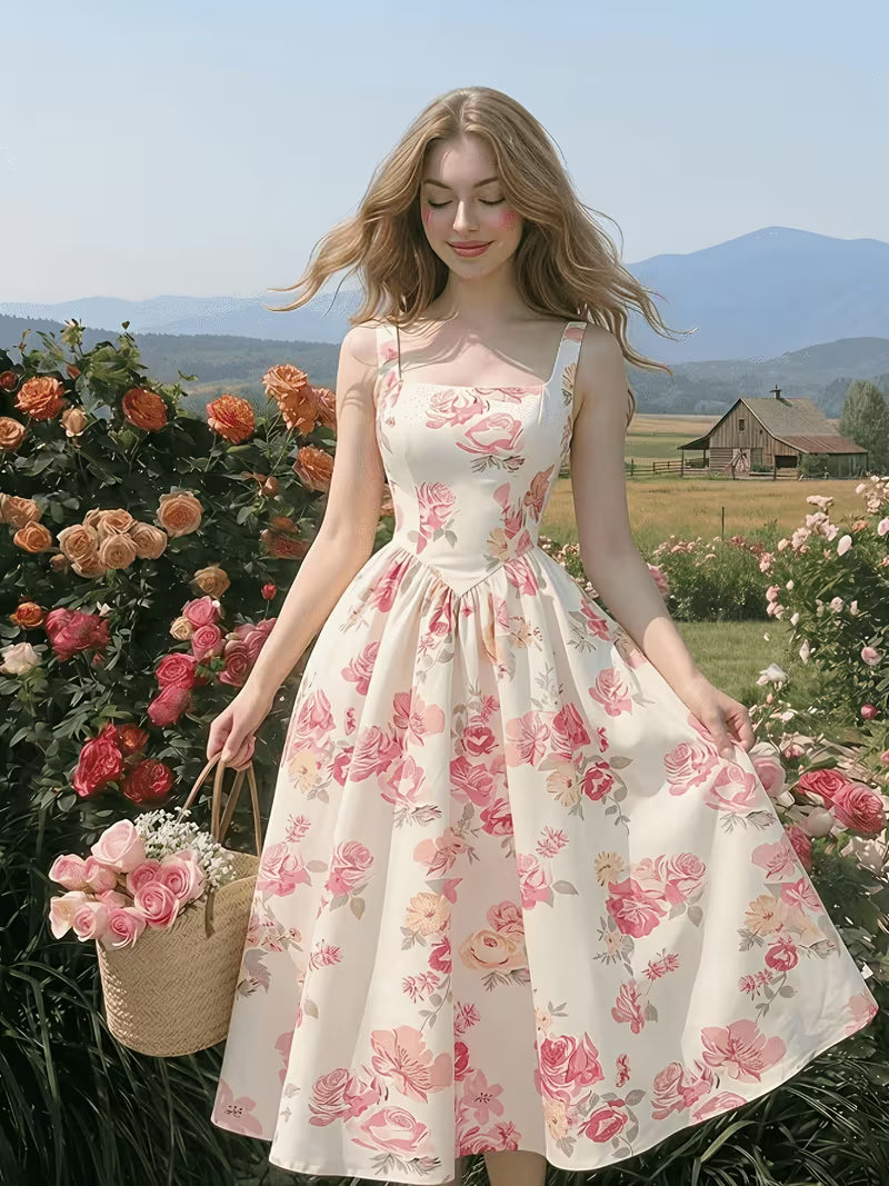 Women's Premium Floral Tie Strap Midi Dress