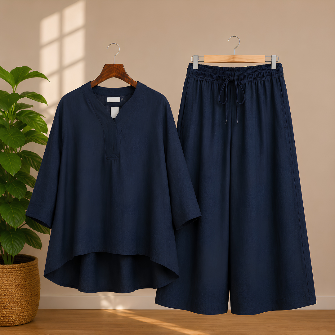 Elegant Black Kaftan Top & Wide-Leg Pants Set