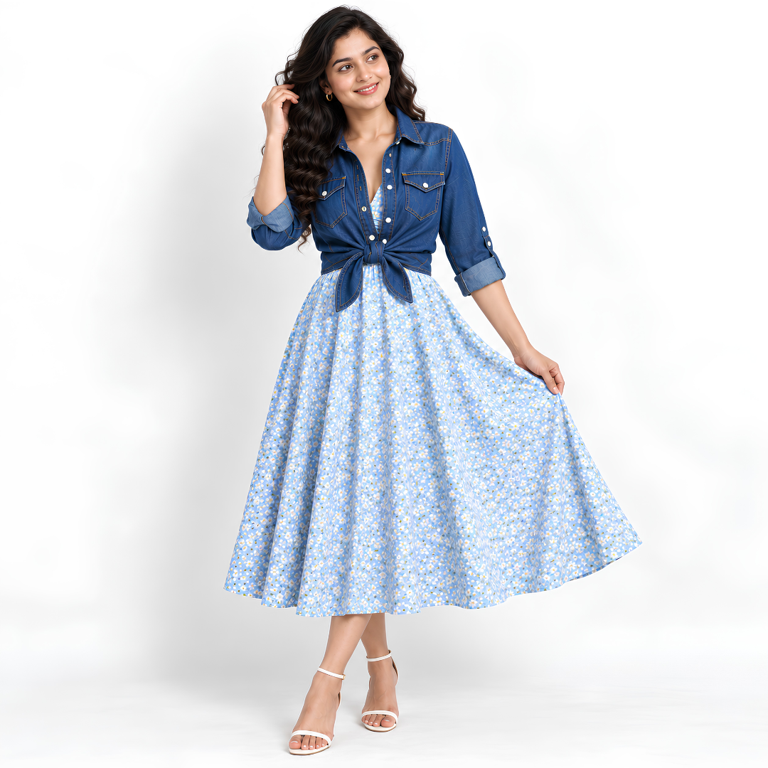 Women’s Printed Dress with Denim Shirt Set