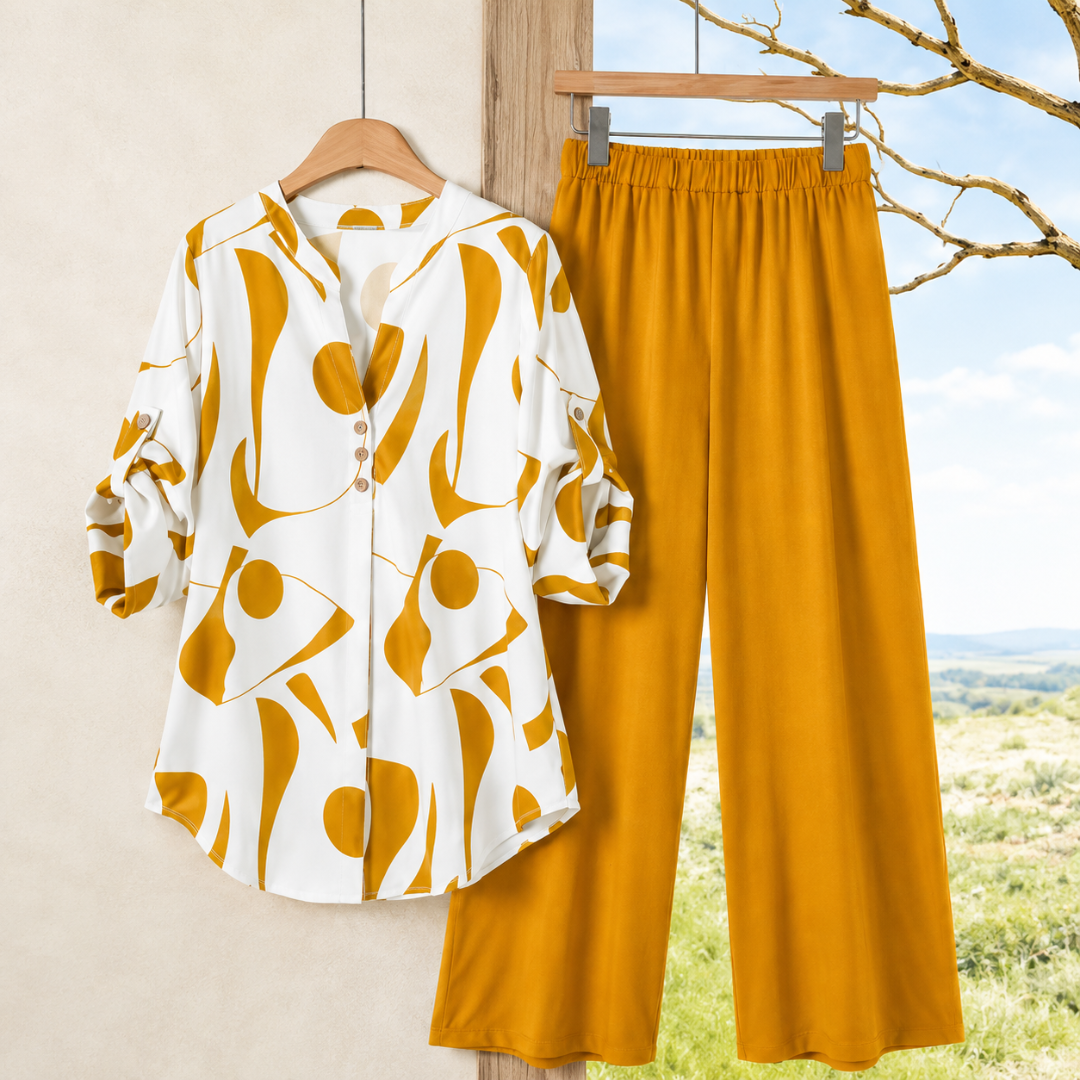 Elegant Abstract Print Shirt & Wide-Leg Pants Set