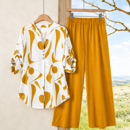 Elegant Abstract Print Shirt & Wide-Leg Pants Set