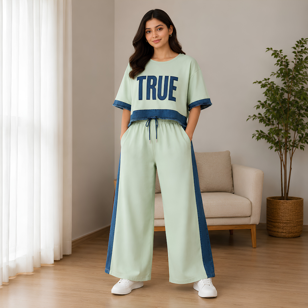 Women's Denim Patchwork 2-Piece Co-Ord Set | Premium Top & Straight-Leg Pants