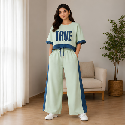 Women's Denim Patchwork 2-Piece Co-Ord Set | Premium Top & Straight-Leg Pants