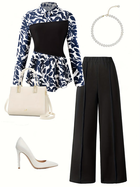 Women's Elegant Long Sleeve Top & Pants Set