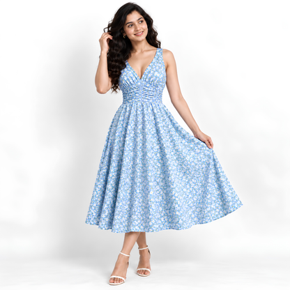 Women’s Printed Dress with Denim Shirt Set