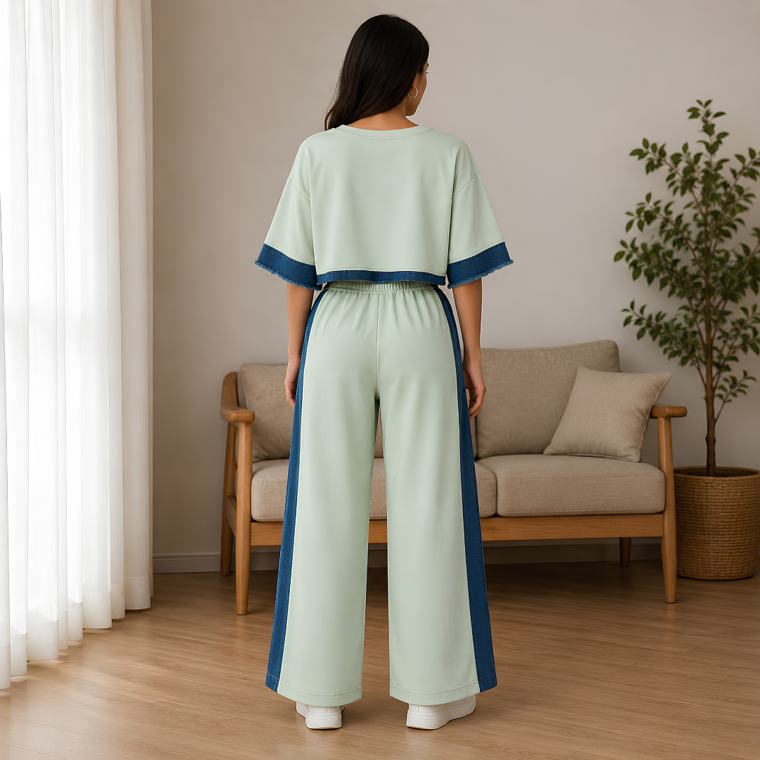 Women's Denim Patchwork 2-Piece Co-Ord Set | Premium Top & Straight-Leg Pants